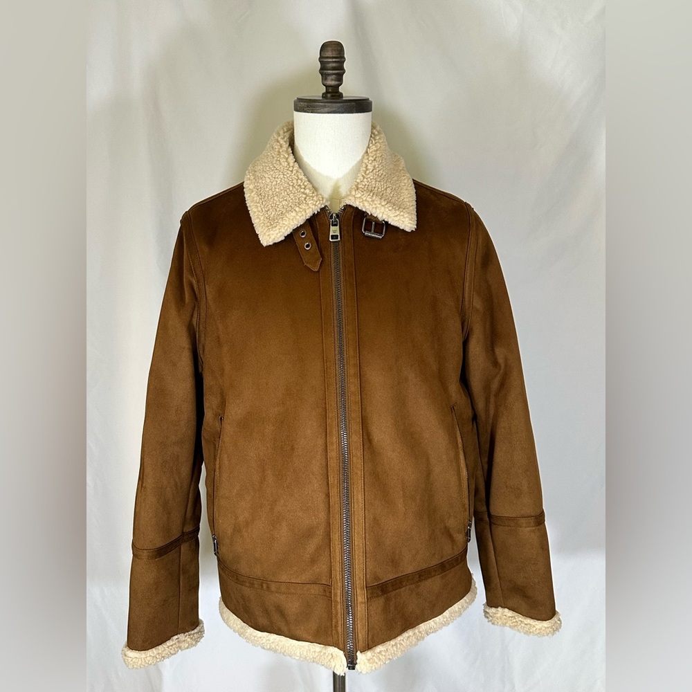 Calvin Klein • NWOT Mens Med Brown Bomber Pilot Sherpa Collar Trim Quilt Lined